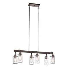 The 6 light linear chandelier features an Olde Bronze® finish and clear seeded glass shades. This fixture uses a 60 watt (max) bulb equivalent, measures a body height of 11.25-in and a width of 15-in and a length of 34-in offers a 111-in of lead wire. For a vintage look, consider using a antique filament bulbs (4071CLR.) Be certain the electric current is turned off before cleaning. Clean metal components with a soft cloth moistened with a mild liquid soap solution. Wipe clean and buff with a ve Light Kitchen Cabinets, Industrial Inspiration, Vintage Industrial Design, Industrial Chandelier, Traditional Farmhouse, How To Clean Metal, Contemporary Chandelier, Filament Bulb, Chandelier For Sale