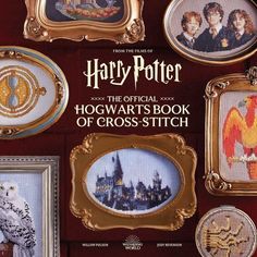 the official hogwart's book of cross - stitch is displayed in front of several framed pictures