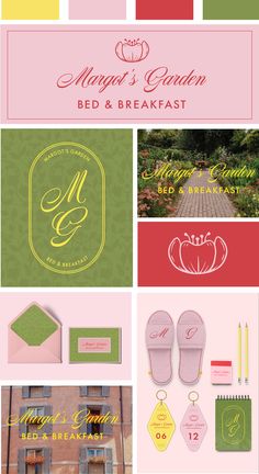 the logo and business card design for morgan's garden bed & breakfast is shown