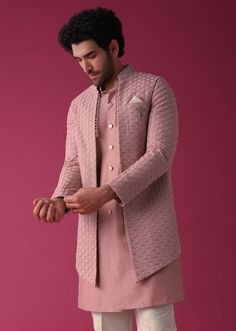 Onion Pink Jacket Kurta Set In Silk Blend With Threadwork And Sequins Engagement Dress For Men Pink, Mens Sangeet Outfit Weddings, Mens Outfits Indian Wedding, Bride's Brother Outfit Indian Wedding, Mens Dresses For Wedding, Kurta Set For Men Wedding, Indian Designer Suits Men, Indian Wedding Blazers For Men, Man's Outfit For Wedding