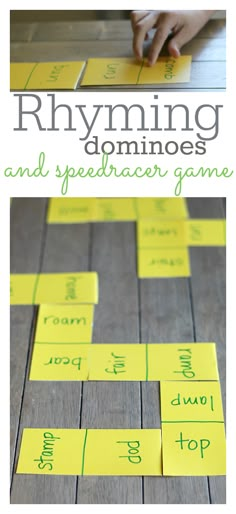 a close up of a game with words on it and the title rhyming dominos