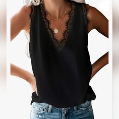 New Without Tags Never Used Wrap Tank Top, Lace Trim Tank Top, Lace Sleeveless Top, Casual Tanks, V Neck Tank Top, Lace Camisole, Loose Fitting Tops, Feminine Look, Casual Tank Tops