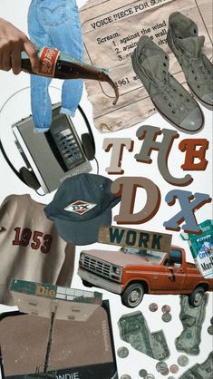 a collage of various items including shoes, hats and money