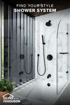 a bathroom with marble walls and flooring, including a walk in shower that has the words find your style shower system on it