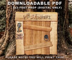 an image of a wooden door with the words mr saberr on it in front of a tree