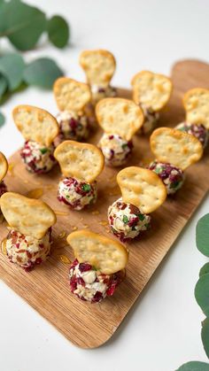 small crackers with cheese and cranberry toppings on a wooden cutting board