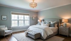 a bedroom with gray walls and white bedding, two chairs, and a chandelier