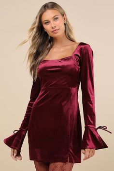 Everyone will instantly be awestruck when you walk in wearing the Lulus Joyful Poise Burgundy Velvet Long Sleeve Mini Dress! This luxe velvet dress starts with a darted bodice, a trendy square neckline, and long sleeves with flared cuffs and dainty tying details. The fitted waist tops a figure-skimming, A-line skirt that ends at a flirty mini hem. Hidden side zipper. Fit: This garment fits true to size. Length: Mid-thigh. Size medium measures 25.75" from shoulder to hem. Bust: Great for any cup Fitted Velvet Midi Dress For Winter, Square Neck Dresses For Night Out In Fall, Square Neck Dresses For Fall Night Out, Velvet Cocktail Dress For Fall, Fitted Long Sleeve Velvet Dress, Fall Cocktail Velvet Dress, Elegant Velvet Dress With Square Neck, Fall Square Neck Ruched Dress, Fall Velvet Mini Dress For Cocktail