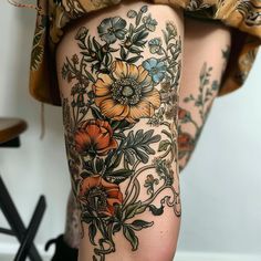 Modern Knee Tattoos Tattoo Sketches Knee To Ankle Tattoo, Color To Black And White Sleeve Tattoo, Tattoo Alternative Style, Whimsical Leg Sleeve, Garden Leg Tattoo, Floral Hip Tattoo Thigh Piece, Moth Sleeve Tattoo, Flora And Fauna Tattoo, Women’s Leg Sleeve