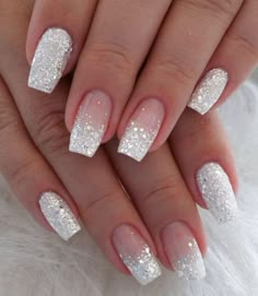 Nails Bridesmaid, White And Silver Nails, Wedding Nails Glitter, Nails Prom, Bride Nails, Nails Glitter, Short Acrylic Nails Designs