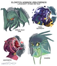 four different kinds of monsters with their mouths open