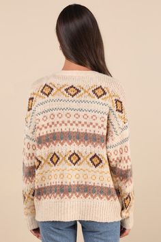 With your warmest booties and the Lulus Timelessly Cozy Beige Multi Oversized Cardigan Sweater, you'll be cute no matter the temps! Soft and stretchy medium-gauge knit shapes this essential autumn sweater that has a vintage-inspired, multi-colored design throughout. Long sleeves with drop shoulders frame a boxy, slouchy bodice with a V-neckline. A functional button placket boasts toggle closures at the front. Ribbed knit accents the cuffs and hem. Fit: This garment fits true to size. Length: Siz Oversized Sweater Cardigan, Oversized Cardigan, Fall Sweaters, V Neck Tops, Knitting Projects, Sweater Cardigan, Casual Tops, Ribbed Knit, Knit Top