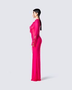 Florence Magenta Mesh Maxi Dress Long Pink Party Dress, Sheer Pink Gala Dress, Pink Sheer Dress For Gala, Pink Long Party Dress, Pink Sheer Elegant Maxi Dress, Pink Maxi Dress For Evening, Pink V-neck Maxi Dress For Gala, Pink Ruffled Maxi Dress For Gala, Pink Sheer Maxi Length Dress