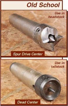 two pictures showing the different parts of an old school drill head and spur drive center