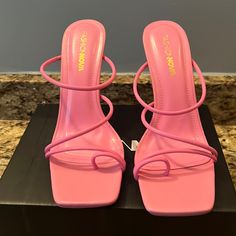 Brand New Never Worn Pink Square Toe Heels For Spring, Trendy Pink Square Toe Heels, Trendy Pink Pointed Toe Sandals, Trendy Pink Heels With Wrapped Heel, Pink Synthetic Square Toe Heels, Trendy Pink Heels With Padded Heel, Pink Padded Heel Synthetic Heels, Pink Synthetic Heels With Padded Heel, Pink Sandals With Wrapped Heel And Square Toe