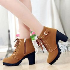 Brand Name: DwayneUpper Material: PUBoot Height: ANKLEFit: Fits true to size, take your normal sizeToe Shape: Round ToeSeason: WinterClosure Type: Lace-upis_handmade: YesPattern Type: SolidHeel Type: Square heelBoot Type: WESTERNInsole Material: EVAShaft Material: PUOutsole Material: RubberFashion Element: Cross-tiedLining Material: PVCHeel Height: High (5cm-8cm)Model Number: 569With Platforms: YesPlatform Height: 0-3cm Áo Blu, Ankle Lace Up Boots, Fall Winter Shoes, Fur Ankle Boots, High Heel Boots Ankle, Casual Heels, Womens Shoes High Heels, Fashion High Heels, Lace Up Ankle Boots