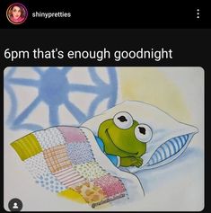 the frog is sleeping in bed with his pillow on it's side and caption that reads, 6pm that's enough goodnight night