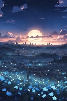 an anime scene with flowers in the foreground and a full moon in the background