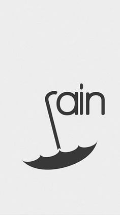 the word rain written in black and white with an umbrella on it's side