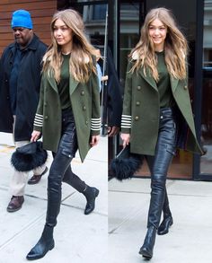 two pictures of the same woman in black leather pants and green coat with fur trimmings