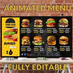 an animated menu for burgers is displayed on a table in front of a brick wall