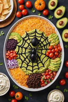 a platter filled with guacamole, tomatoes, black beans and tortilla chips