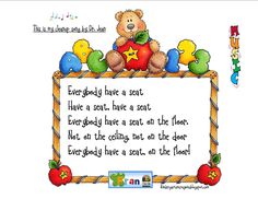 a teddy bear sitting on top of a wooden frame with an inscription below it that says, everybody have a seat have a seat