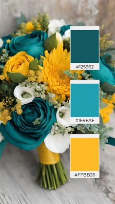 a wedding bouquet with blue, yellow and white flowers is shown in this color scheme