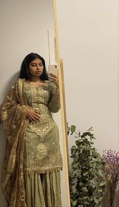 Sage Green Asian Dress, Sage Green Desi Outfits, Sage Green Desi Dress, Sage Green Sharara, Sage Green Desi Wedding Dress, Green Eid Outfit, Sage Green Indian Outfit, Dress Traditional Indian, Green Nikkah