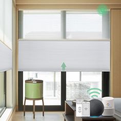 an image of a living room setting with cellular shades and wifi connected to the home