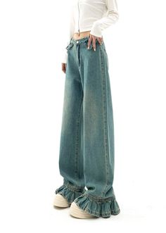 Straight Fit Ruffled Hem Jeans – nightcity clothing Denim Skirt Jumpsuit, Pants Blouse Outfit, Ruffle Flare Jeans, Poet Fashion, Pant Top Design, Wearing Clothes Wrong Way, Denim Fashion 2023, Affordable Blue Denim Dress With Snap Buttons, Down To Earth Fashion