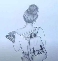 a drawing of a woman with a backpack