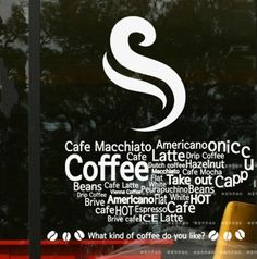 a window with coffee related words on it