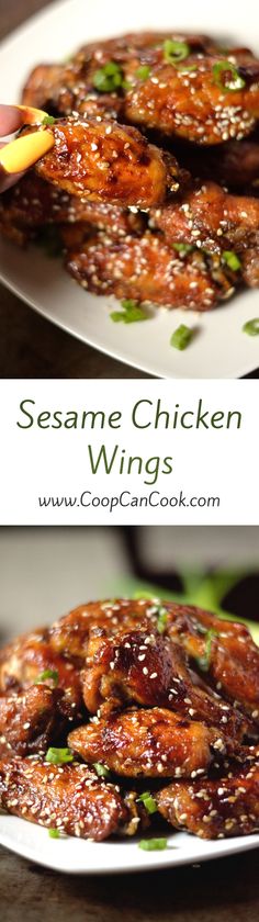 sesame chicken wings on a white plate with green garnish