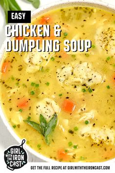 a bowl of chicken and dumpling soup with the title easy chicken and dumpling soup