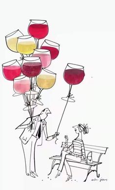 a drawing of two people sitting on a bench with wine glasses in the air, and one person standing next to them