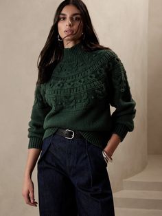 Couronne Sweater | Banana Republic Irish Knit Sweaters, Cotton Cable Knit Sweater, Irish Fashion, Dark Green Sweater, Lawyer Outfit, Oversized Striped Sweater, Banana Republic Sweater, Beautiful Knitting, Light Blue Sweater