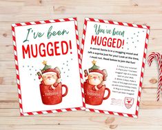 two christmas cards with santa claus in a mug