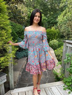 Look effortlessly stunning and step out in confidence wearing the Joyce Dress. Its off-shoulder design, luxe blue-hued floral print and contrast border elevate any look. Tailored from high-quality poly crepe fabric, it's a trendsetting piece designed to keep you comfortable and stylish all summer long. 💗 Off Shoulder closure  💗 Unique Features: Off shoulder Flair With Frills, Bottom Skirt With Extra Flair, Concealed Zipper at Left Hem, Very Limited Pieces Made from Scratch or Sketch.  💗 Wash Strapless Printed Mini Dress For Summer, Summer Off-shoulder Dress, Bohemian Strapless Sundress With Floral Print, Bohemian One Shoulder Brunch Dress, Bohemian Strapless Sundress For Brunch, Bohemian Strapless Beach Dress For Spring, Bohemian One-shoulder Dress For Brunch, Summer Off-shoulder Lined Dresses, Summer Strapless Off Shoulder Flowy Dress