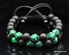 "Natural Malachite Black Onyx Beaded Healing Meditation Yoga Mala Protection Beaded Good Luck Bracelet Balancing Mother's Gift For Her -ALL THE PRODUCTS AT ELISAJEWELRYART ARE HANDMADE AND MADE WITH NATURAL BEADS. -WHAT DOES THE MALACHITE STAND FOR Malachite is a stone of balance, abundance, manifestation and intention. Malachite absorbs energy and draws emotions to the surface. It clears and activates all Chakras, and is especially helpful in the stimulation of the Heart and Throat Chakras. Mal Adjustable Gemstone Beaded Bracelets For Party, Adjustable Gemstone Beads Bracelets For Party, Abundance Manifestation, Yoga Mala, Good Luck Bracelet, All Chakras, Cardboard Jewelry Boxes, Les Chakras, Onyx Bracelet