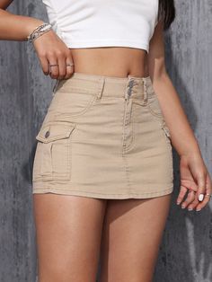 Ladies' Monochrome Cargo Denim Skort Khaki Casual   Denim Plain Skort Slight Stretch  Women Clothing, size features are:Bust: ,Length: ,Sleeve Length: Long Skirt Fashion, Pu Leather Skirt, Denim Skort, Pocket Skirt, Hip Skirt, Jeans Cargo, Halloween Outfit, Cargo Skirt, Denim Shorts Women