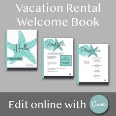 the vacation rental welcome book is shown with an image of starfishs on it