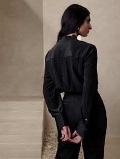 A silken masterpiece, this luxurious tuxedo tunic is made from shimmering silk charmeuse with sophisticated cotton trim at the neckline and longer proportions for modern, playful appeal.  Don this supremely soft shirt for formal occasions, date night Silk Charmeuse, Tunic Shirt, Silk Crepe, Alchemy, Long A Line, Formal Occasion, New Product, High Low, Black Shirt