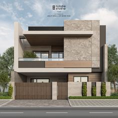 an architectural rendering of a modern house with wood and stone accents on the front facade