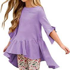 Pull On Closure Cute T Shirts With 3/4 Sleeves For Girls 3-9 Years Old, Perfect For Casual Summer/ Autumn/ Spring. Trendy Tunic Tops Featuring Bell Sleeve, Crew Neck, Ruffle High Low Swing Hem, Solid Color, Dressy Style. Wearing Such A Pretty Shirt You May Feel Great And Enjoy The Wind And Others' Compliments. Superior Fabric, 95% Cotton+ 5% Spandex. Super Soft And Good Breathable, Very Comfortable To Wear. It Has Elestic For Better Fit. Size: 10/12 Chest: 31.5 Crbx20l3 Spring Purple Half-sleeve Blouse, Spring Purple Half Sleeve Blouse, Purple Ruffle Sleeve Spring Top, Summer Purple Half Sleeve Blouse, Playful Long Sleeve Summer Blouse, Cute Purple Top With Ruffles, Purple 3/4 Sleeve Blouse For Spring, Purple Half Sleeve Tops For Spring, Playful Ruffle Sleeve Tops For Spring