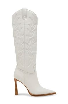 A timeless Western boot is reimagined with a pronounced pointy toe and sky-high stiletto heel for a design that's fresh and edgy. 4" heel 13" shaft; 15" calf circumference Leather upper/synthetic lining and sole Imported Western Boots Women, Western Boot, Sky High, A Design, Western Boots, Stiletto Heel, Boot Shoes Women, White Leather, Steve Madden