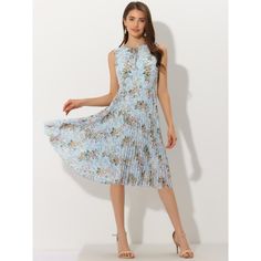 Let your wardrobe bloom with this stunning floral dress. The pleated hem adds a playful, flowing touch to this chiffon dress. Pair it with flats for a relaxed, effortless look. It's ideal for vacations or weekend gatherings. For a more sophisticated style, pair it with sandals. Suitable for daily wear, vacations, weekends, dates, outdoor weddings, and more. Features a lovely floral print, a tie-neck, chiffon fabric, regular fit, and a sleeveless design with a pleated hem. Summer Pleated A-line Chiffon Dress, A-line Sleeveless Dress With Pleated Hem For Spring, Feminine Sleeveless Pleated Spring Dress, Spring Sleeveless Feminine Pleated Dress, Feminine Sleeveless Pleated Dress For Spring, Spring Feminine Sleeveless Pleated Dress, Summer A-line Sleeveless Dress With Pleated Hem, Spring Sleeveless Party Dress With Pleated Waist, Fitted Sleeveless Chiffon Dress For Spring