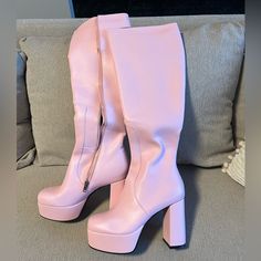 Brand New Dolls Kill Knee-High Baby Pink Boots Size 9 *Never Worn!* I’m Usually A Size 8.5 In Regular Shoes And These Boots Fit Perfect With A Little Wiggle Room Cute High Heel Party Boots, Pink Fitted Platform Boots With Pointed Toe, Pink Faux Leather Party Boots, Cute Spring Platform Boots, Pink Knee-high Platform Boots For Spring, Spring Pink Knee-high Platform Boots, Pink Fitted Faux Leather Boots, Fitted Pink Platform Boots, Cute Pink Boots For Fall