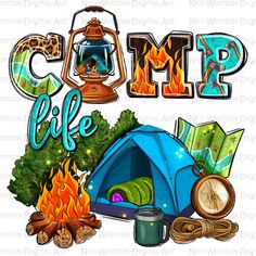 camping camp life digital clipart with tent, fire, and compass on white background