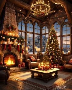 a living room filled with furniture and a christmas tree in front of a fire place